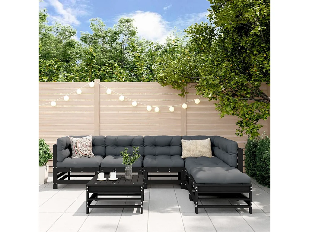 Salon de jardin 7 pcs Noir Bois de pin massif