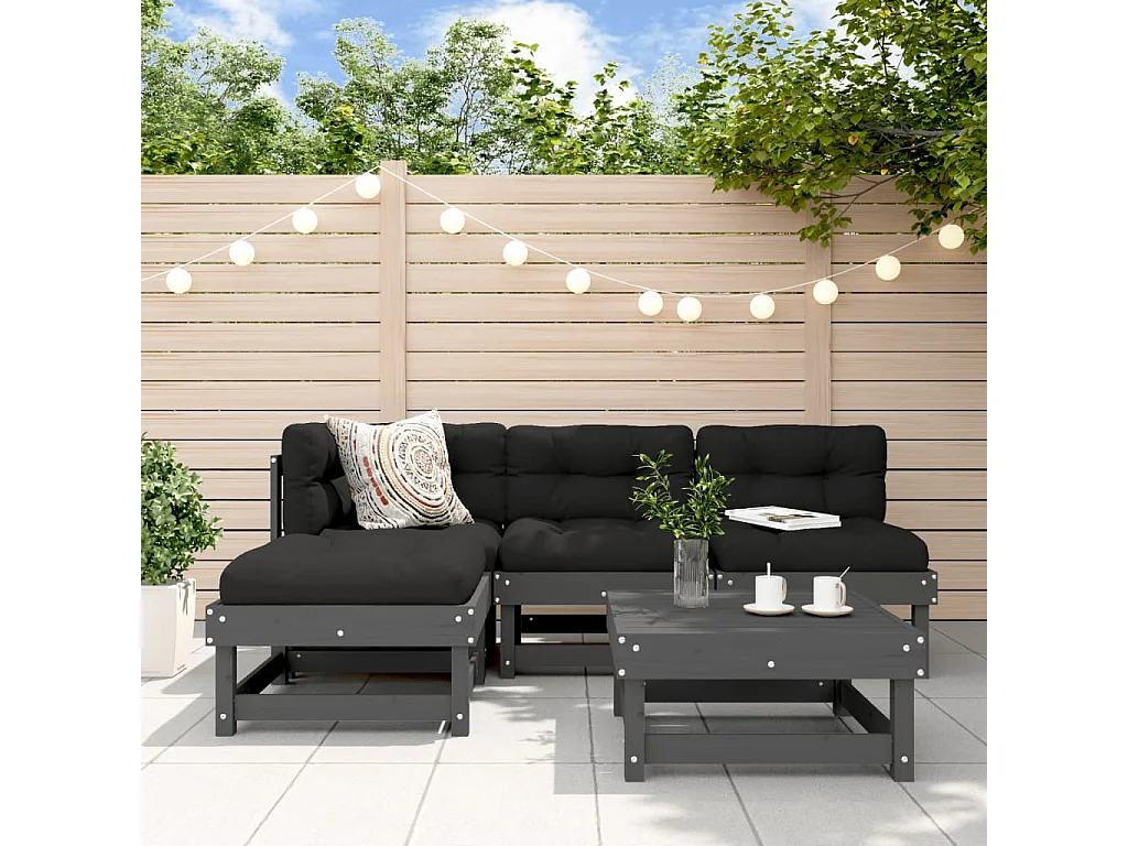 Salon de jardin 5 pcs avec coussins gris bois massif