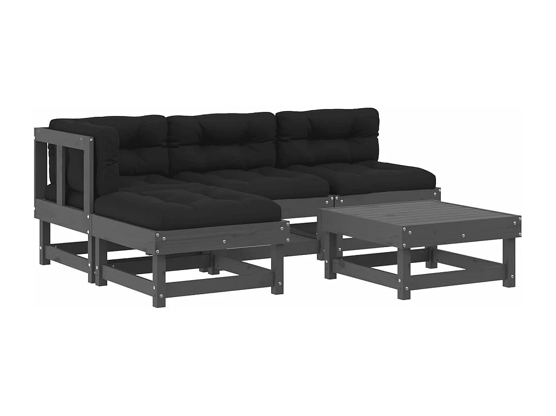 Salon de jardin 5 pcs avec coussins gris bois massif