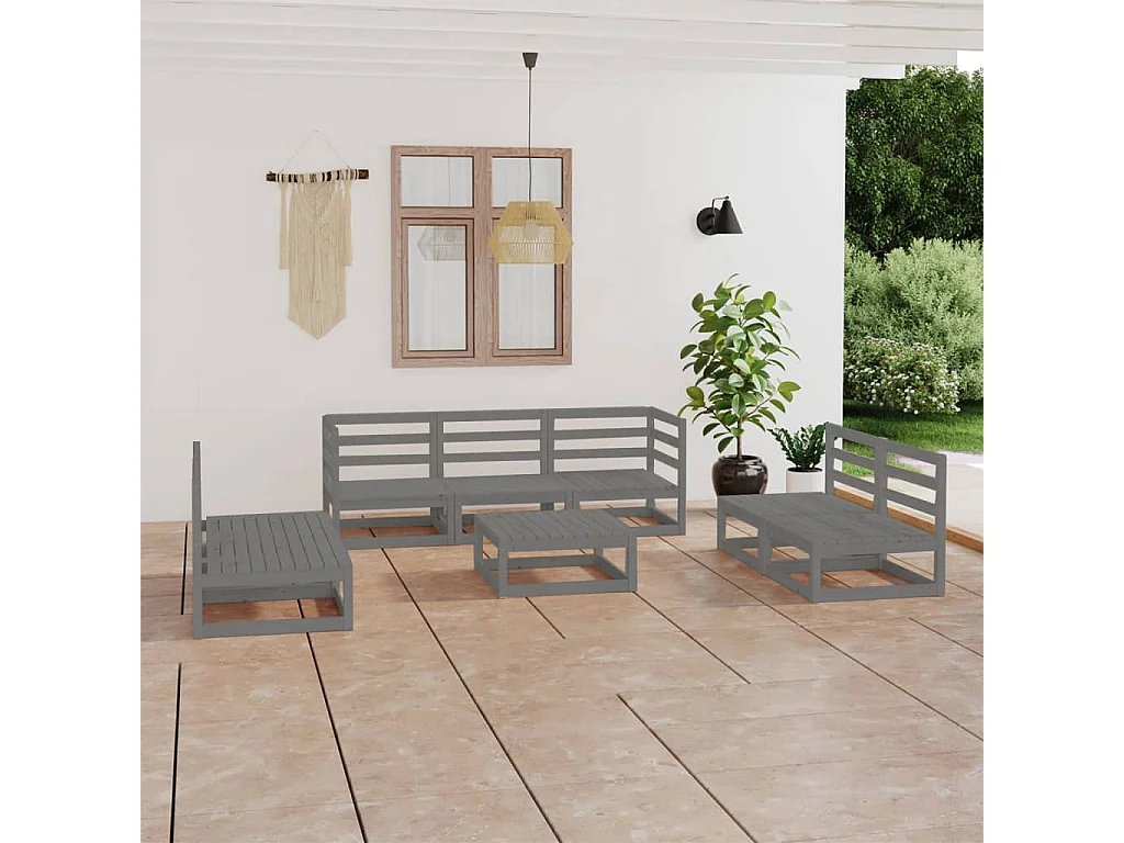 Set Divani da Giardino 8 pz Grigio in Legno Massello di Pino