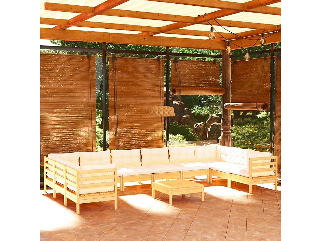 11 pcs conjunto lounge de jardim c/ almofadões cor creme pinho