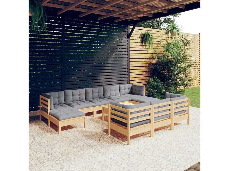 Salon de jardin 11 pcs avec coussins gris Bois de pin solide