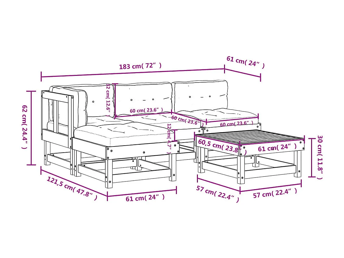 5 pcs conjunto lounge de jardim c/ almofadões pinho impregnado