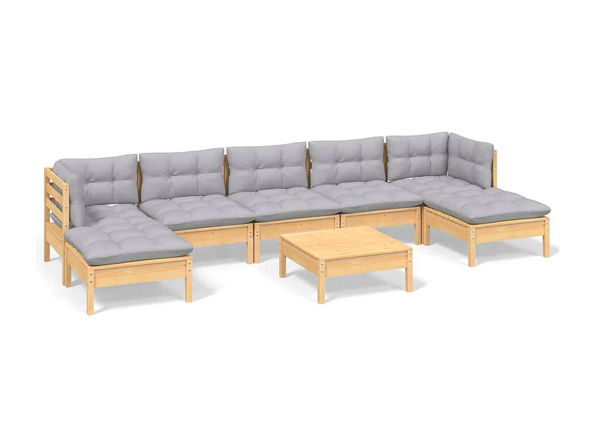 Juego de muebles de jardín 8 pzas y cojines madera pino gris
