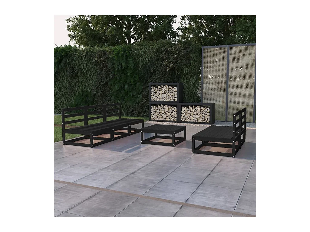 Set Divani da Giardino 6 pz Nero in Legno Massello di Pino