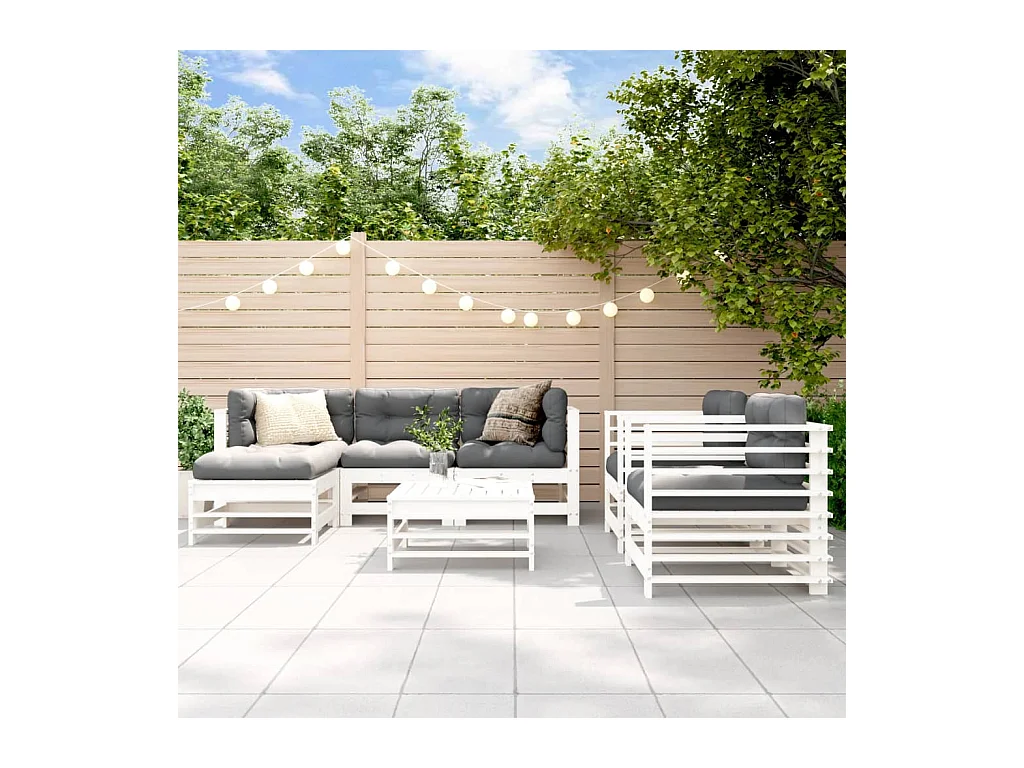 Set Salotto da Giardino 7 pz Bianco in Legno Massello di Pino