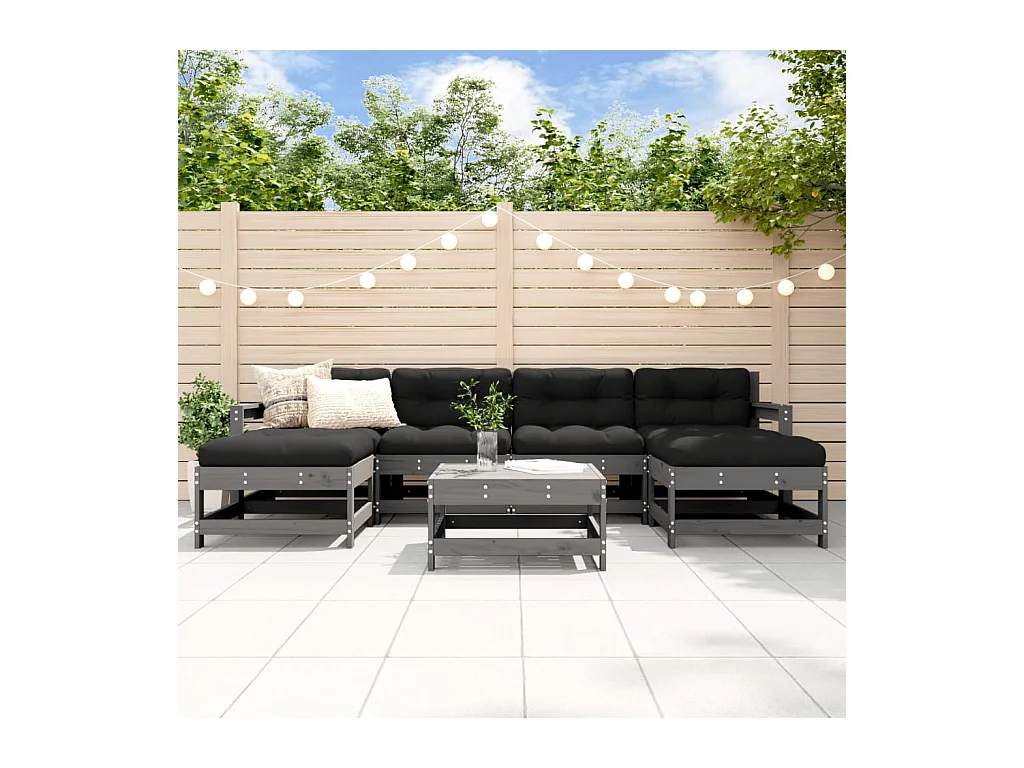 7-tlg. Garten-Lounge-Set mit Kissen Grau Massivholz
