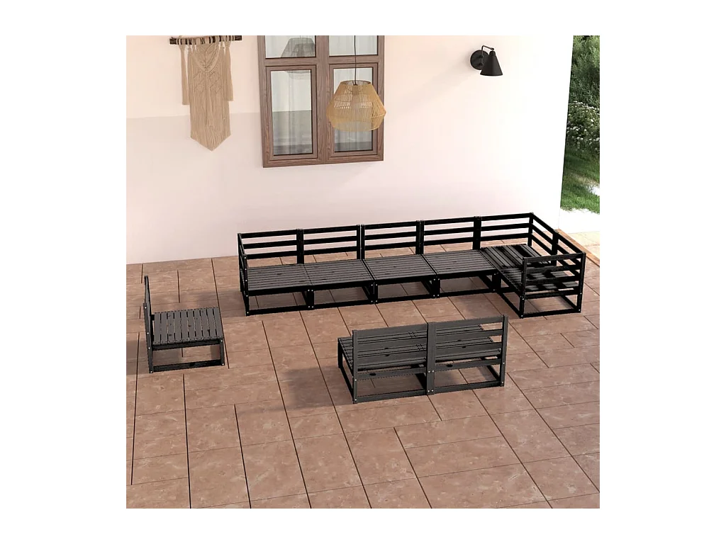 Set Divani da Giardino 9 pz Nero in Legno Massello di Pino