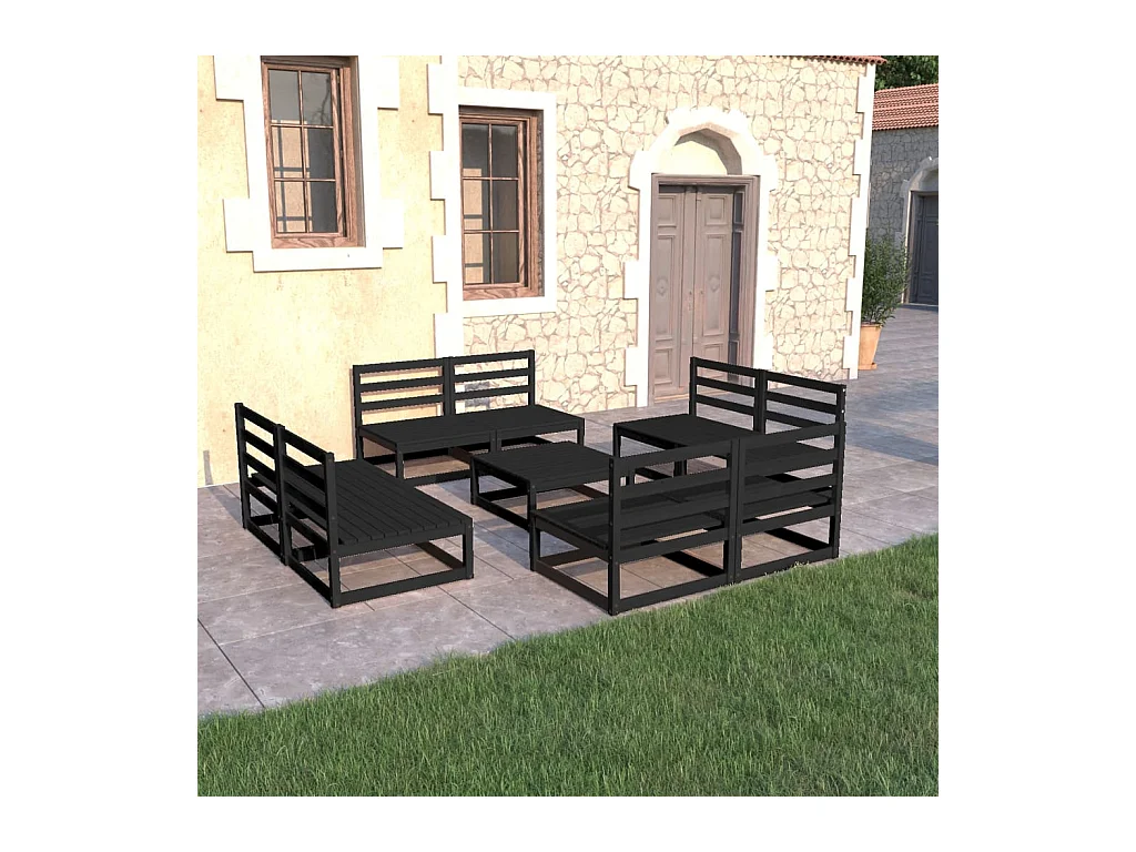 Set Divani da Giardino 9 pz Nero in Legno Massello di Pino