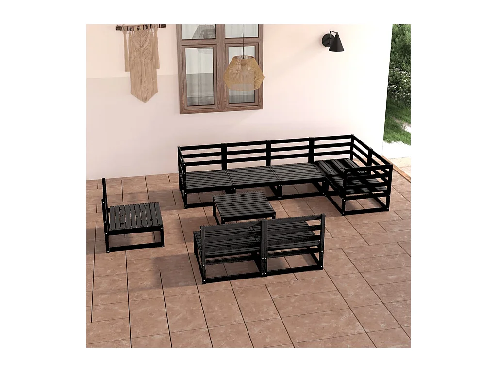 Set Divani da Giardino 9 pz Nero in Legno Massello di Pino