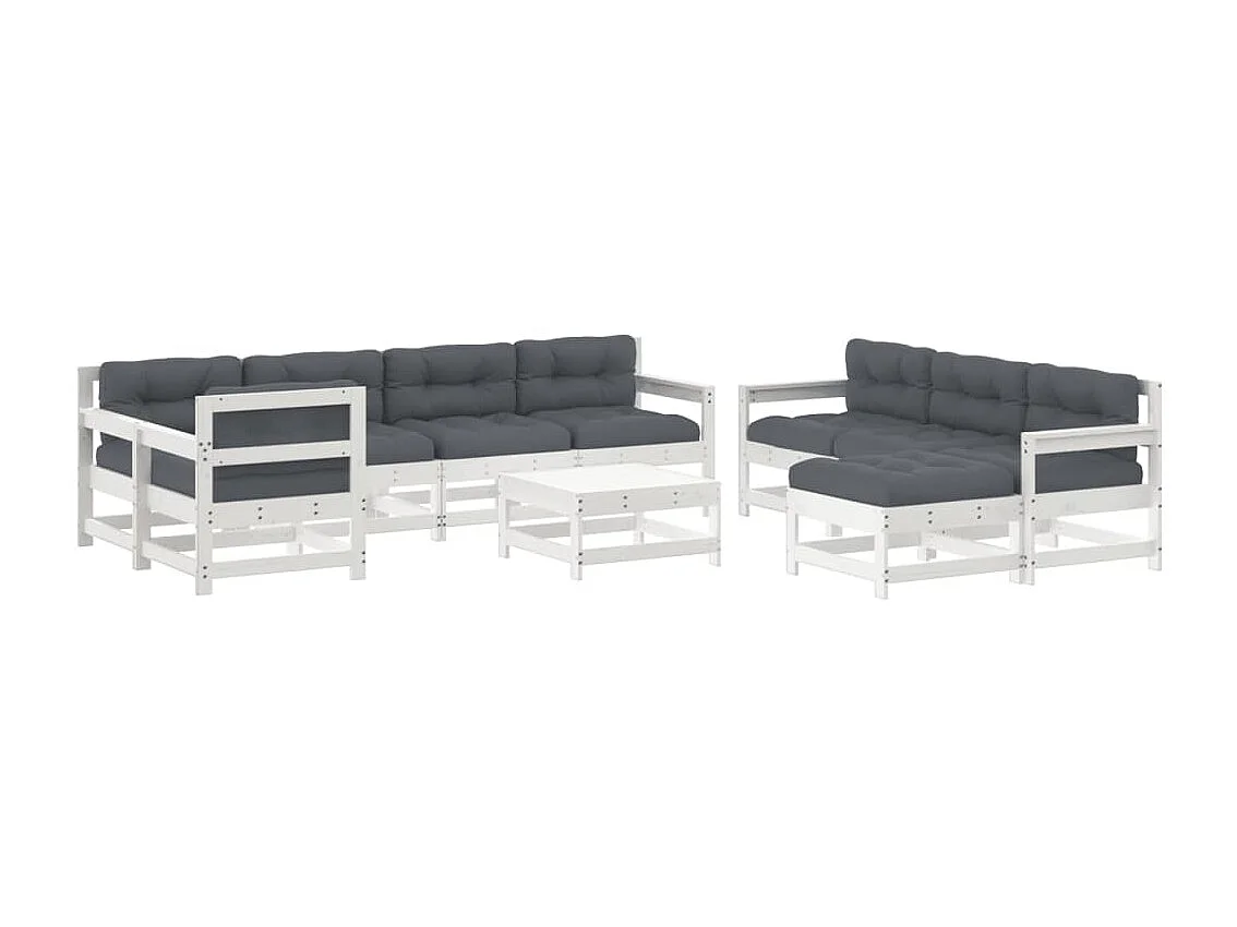 Set Divani da Giardino 10 pz con Cuscini Legno Massello Bianco