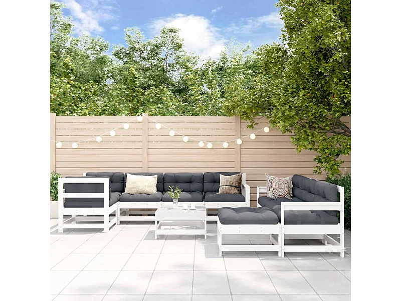 Salon de jardin 10 pcs avec coussins blanc bois massif