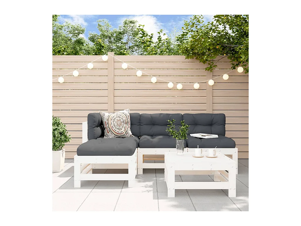 Salon de jardin 5 pcs blanc bois massif de pin