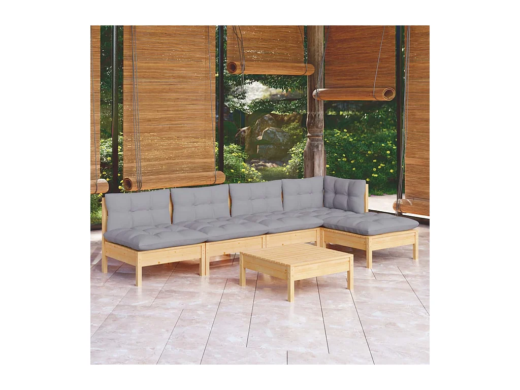 Juego de muebles de jardín 6 pzas y cojines madera pino gris