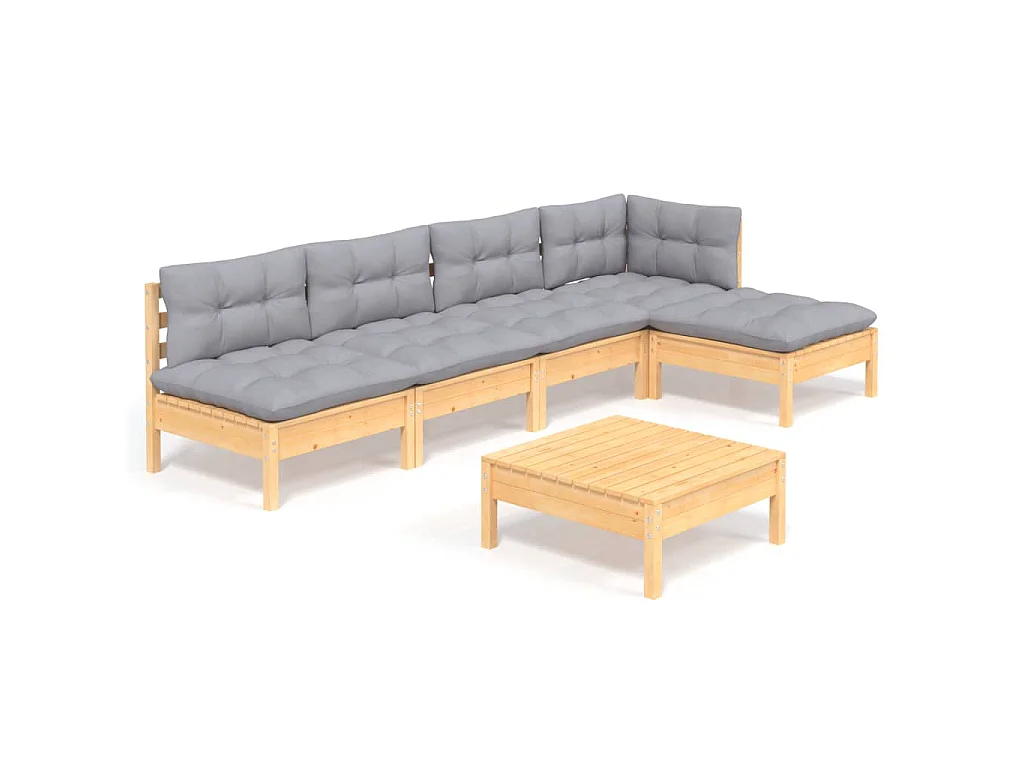 6 pcs conjunto lounge de jardim c/ almofadões cinzentos pinho