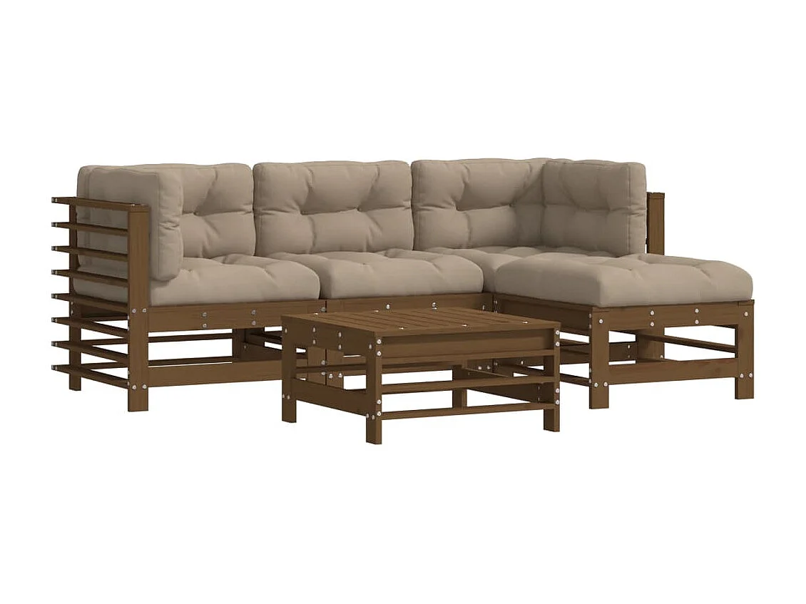 5-delige Loungeset met kussens massief hout honingbruin