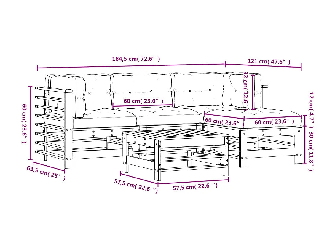 5-delige Loungeset met kussens massief hout honingbruin
