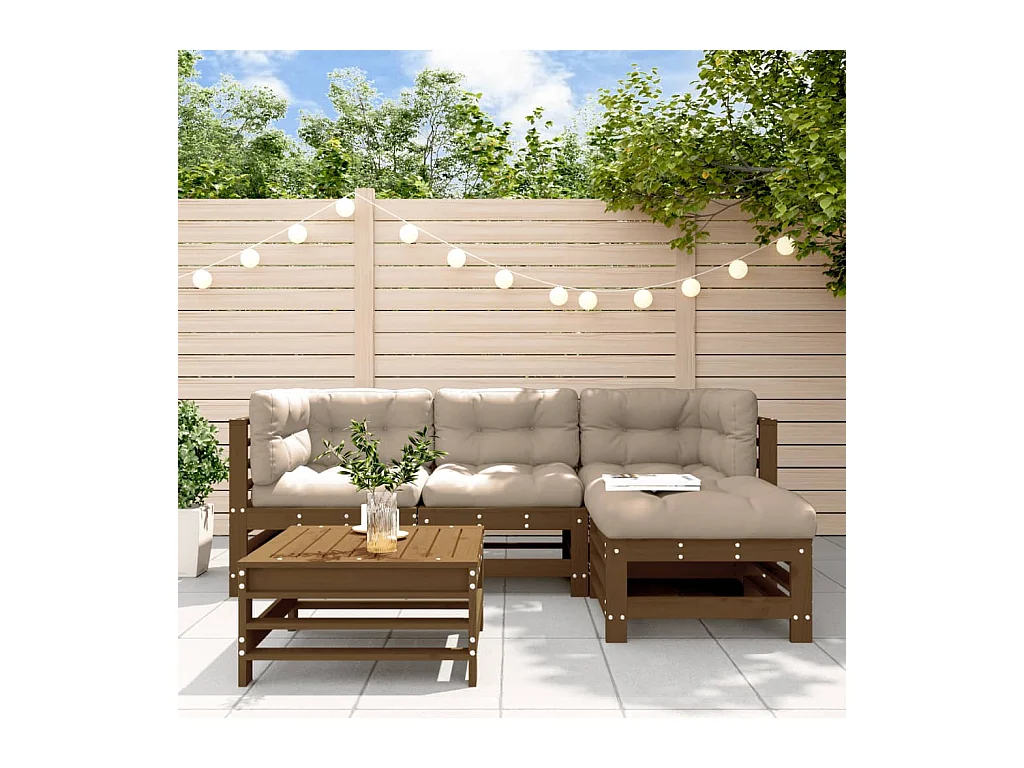 Salon de jardin 5 pcs avec coussins marron miel bois massif