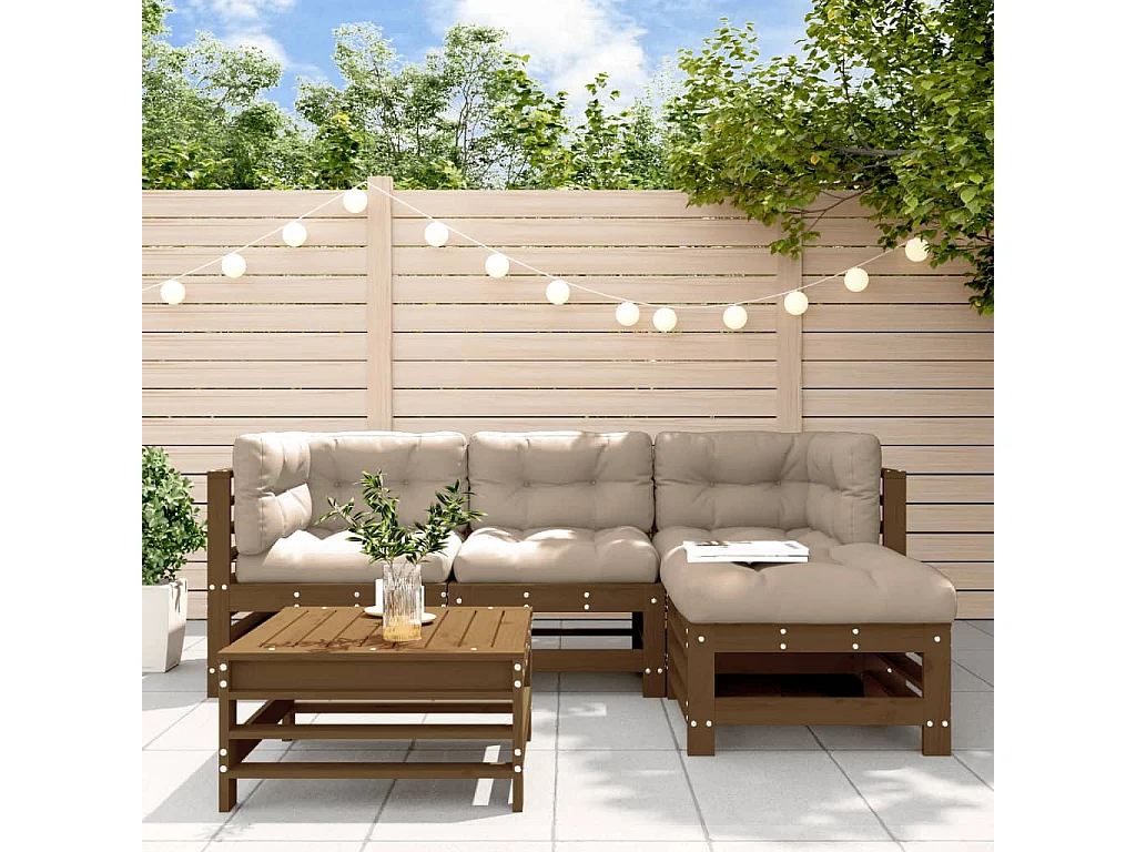 Salon de jardin 5 pcs avec coussins marron miel bois massif