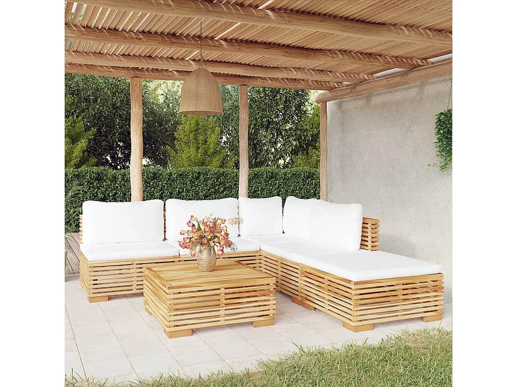 Salon de jardin 6 pcs avec coussins Bois de teck solide