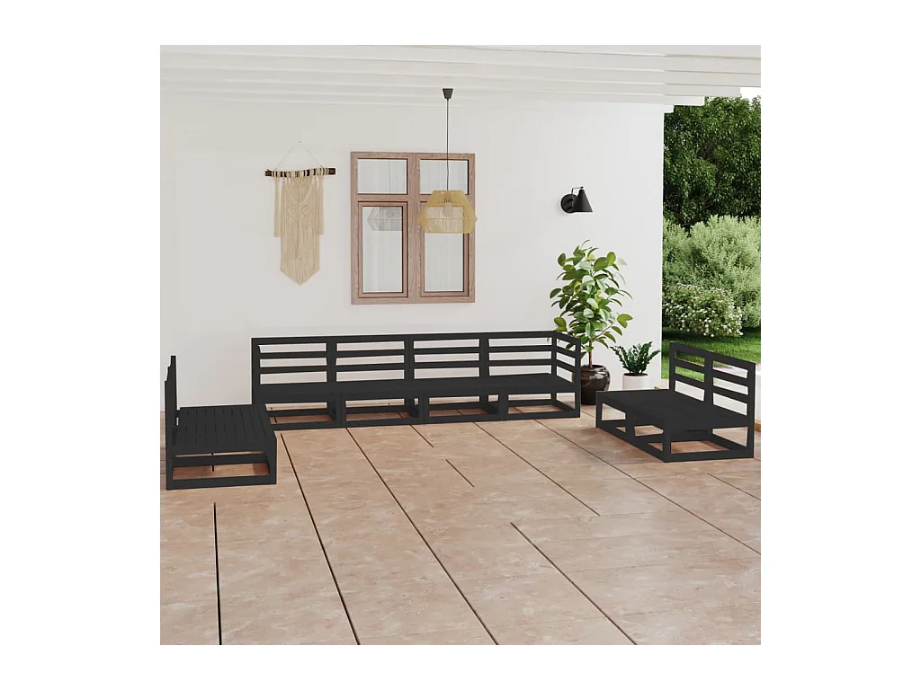 Set Divani da Giardino 8 pz Nero in Legno Massello di Pino