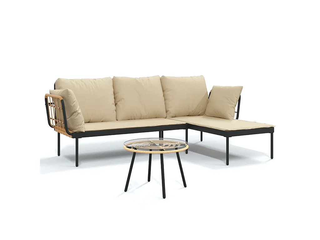 3 pcs conjunto lounge de jardim c/ almofadões beges vime PE
