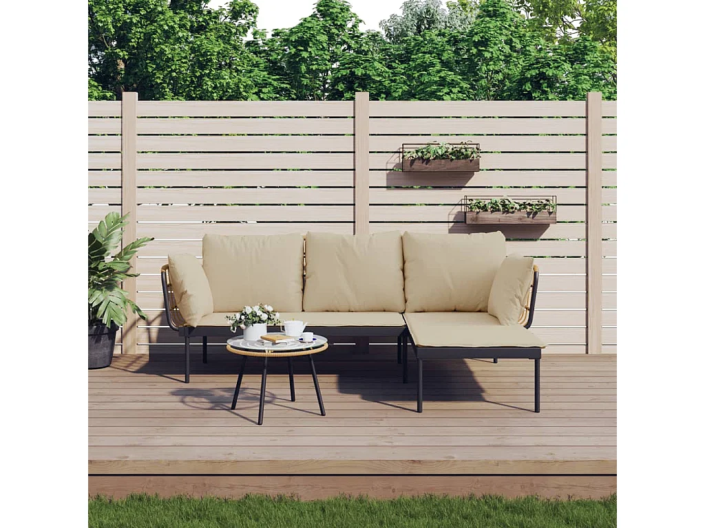 3 pcs conjunto lounge de jardim c/ almofadões beges vime PE