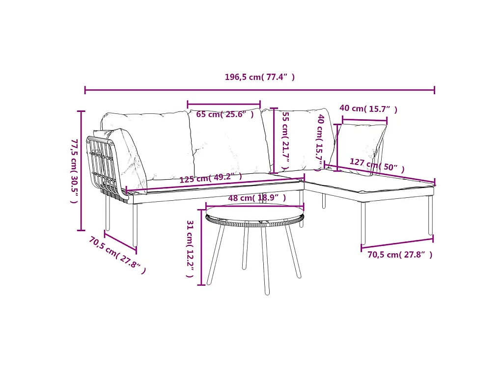 3 pcs conjunto lounge de jardim c/ almofadões beges vime PE