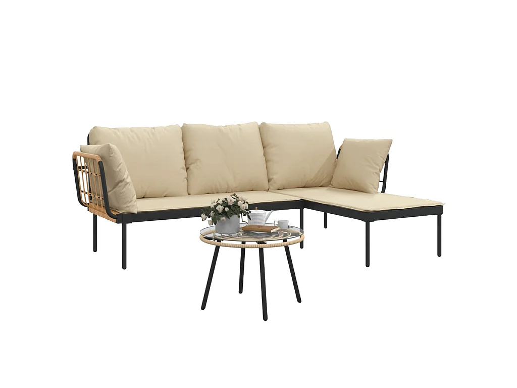 3 pcs conjunto lounge de jardim c/ almofadões beges vime PE