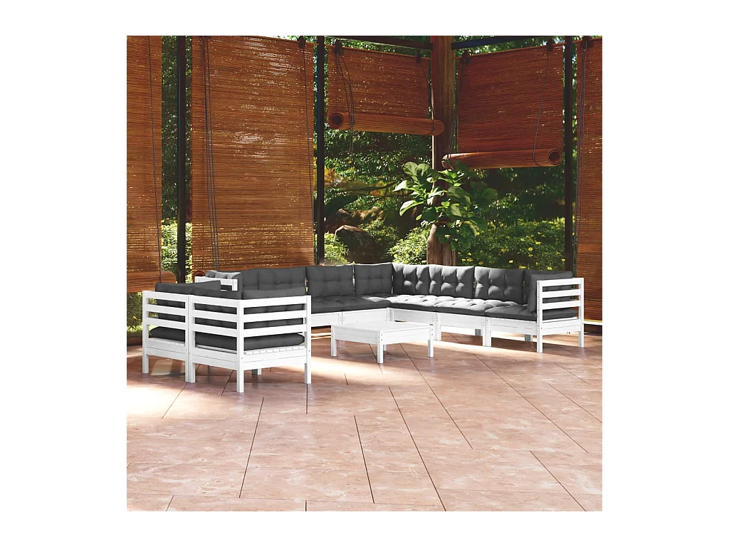 Salon de jardin 10 pcs avec coussins blanc bois de pin massif