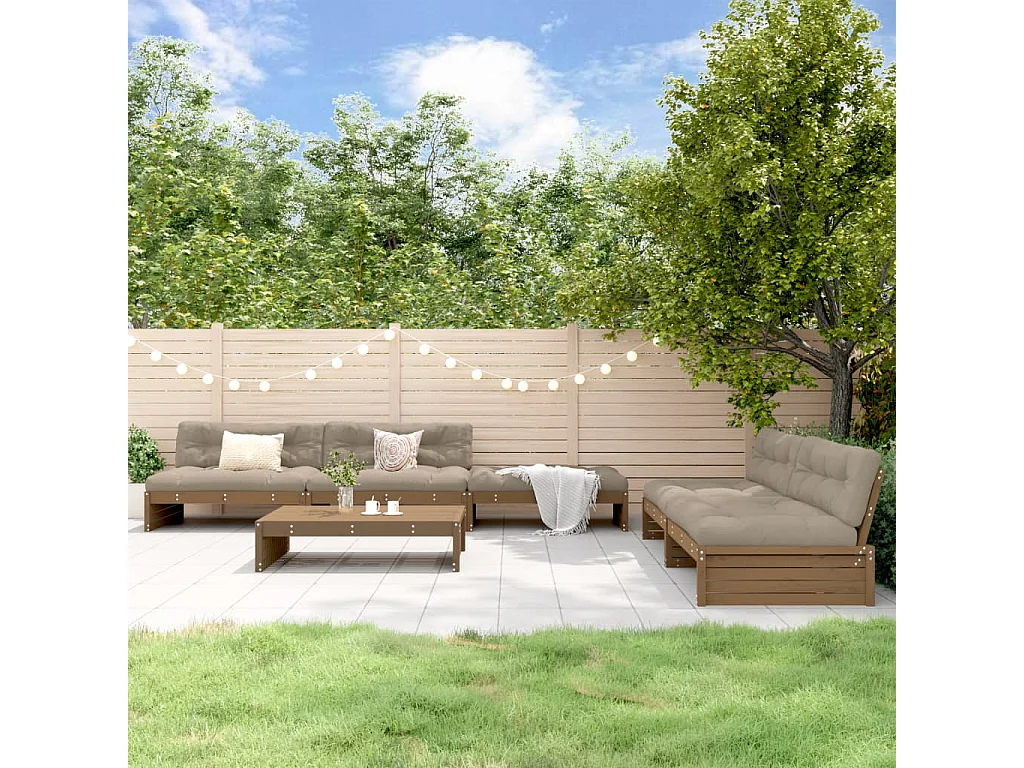 Salon de jardin 6 pcs avec coussins marron miel bois massif
