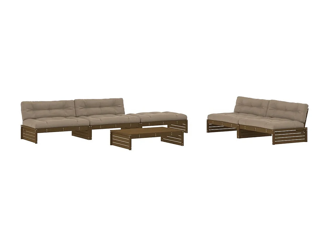 Salon de jardin 6 pcs avec coussins marron miel bois massif