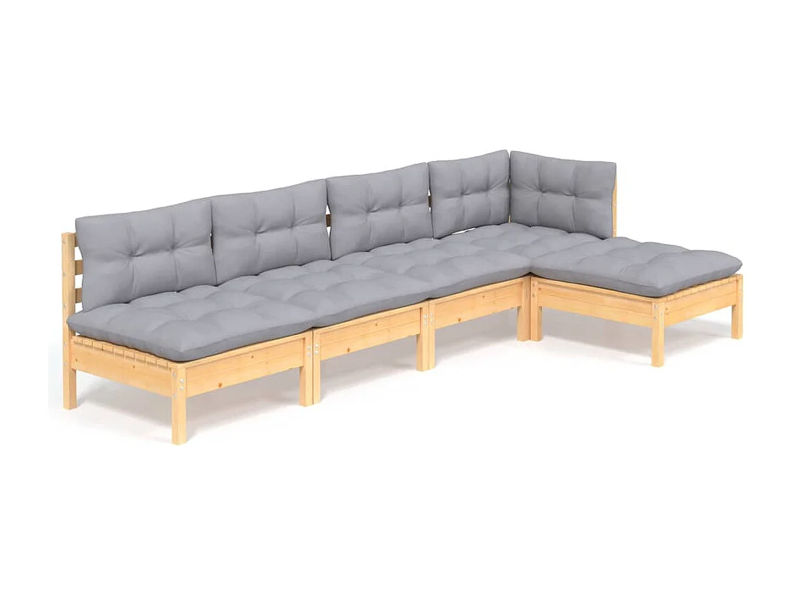 Salon de jardin 5 pcs avec coussins gris bois de pin