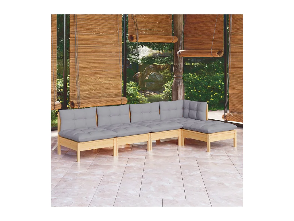 Set Divani da Giardino 5 pz con Cuscini Grigi Massello di Pino