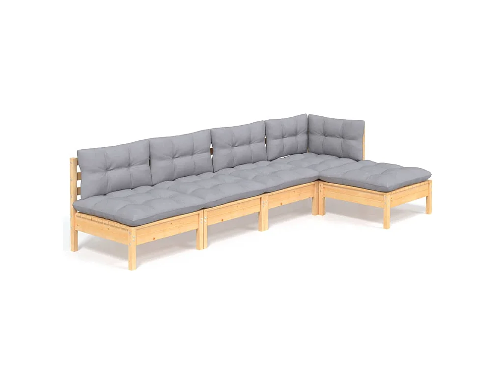 Salon de jardin 5 pcs avec coussins gris bois de pin