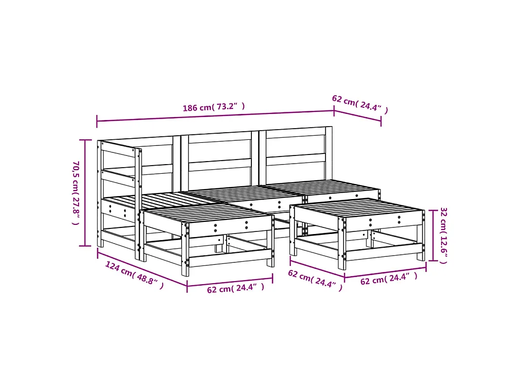 5-delige Loungeset massief grenenhout