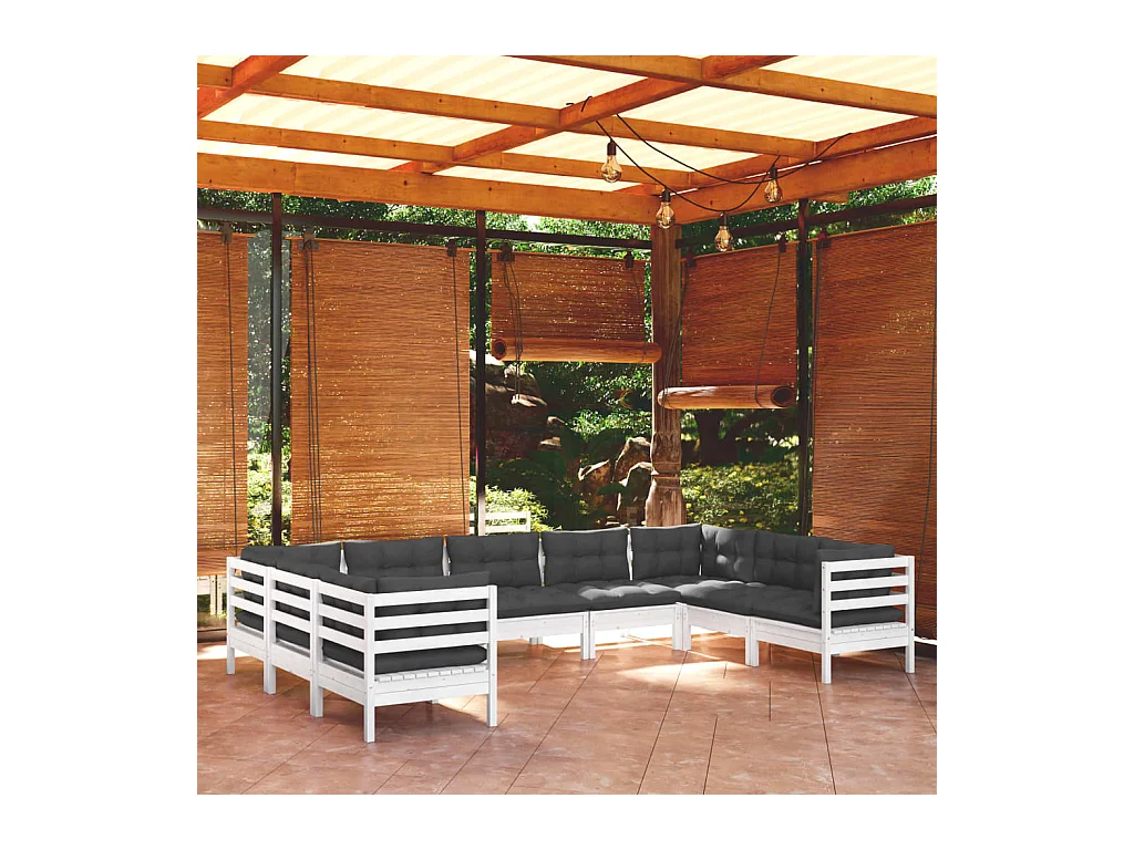 Salon de jardin 9 pcs avec coussins blanc bois de pin