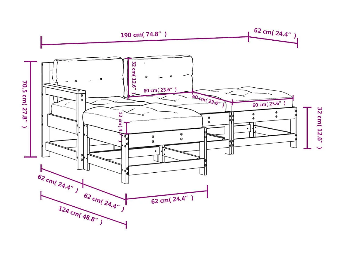 Set Divani da Giardino 4pz con Cuscini in Legno Massello Grigio