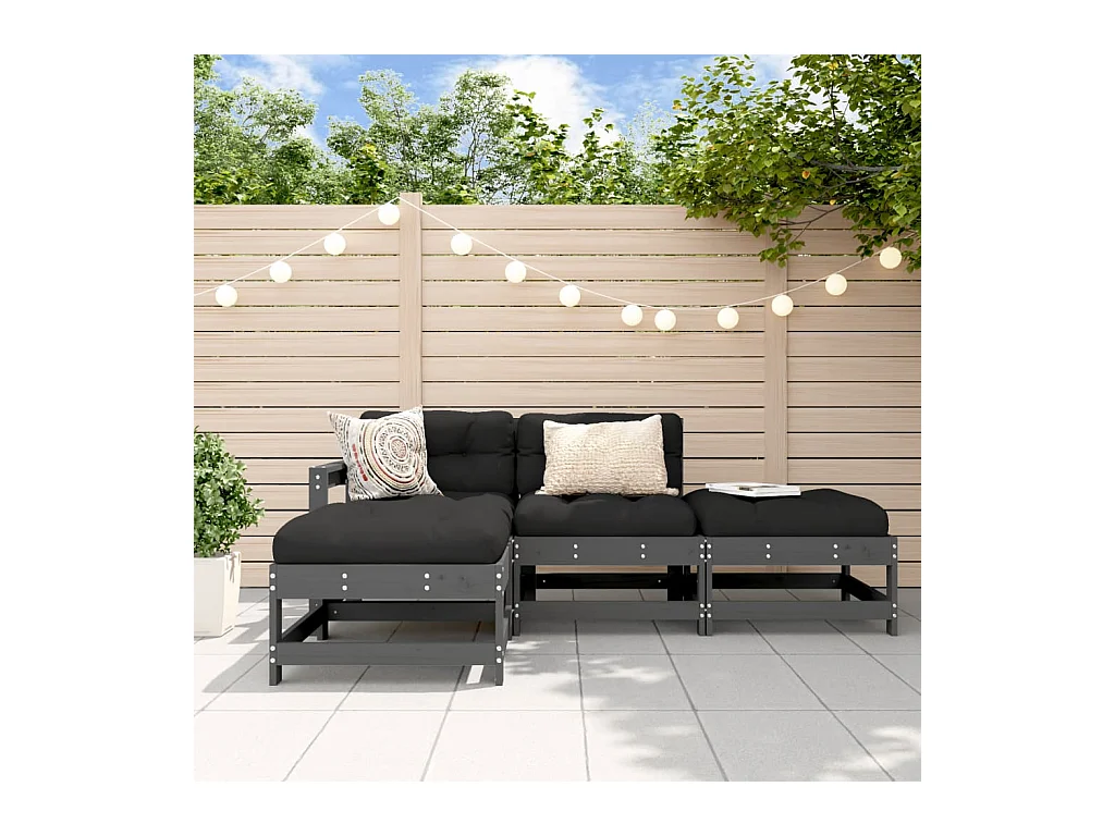 Set Divani da Giardino 4pz con Cuscini in Legno Massello Grigio
