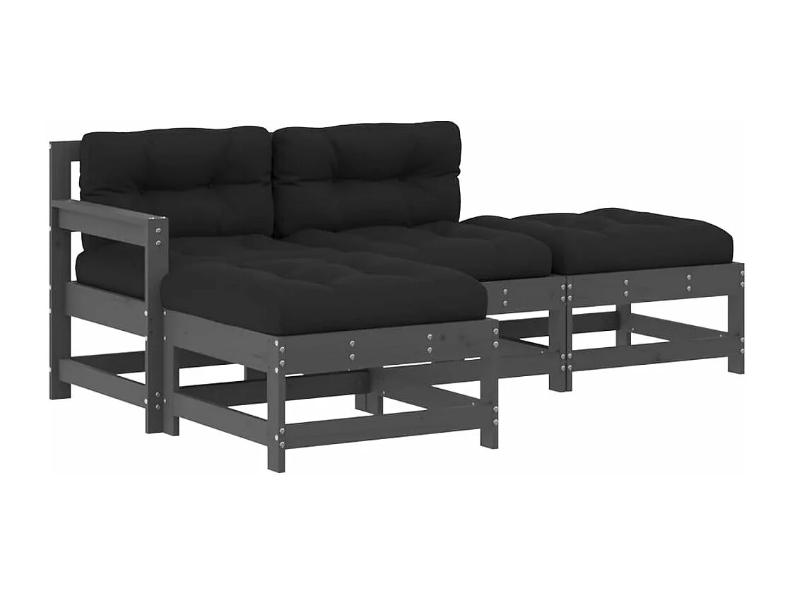Salon de jardin 4 pcs avec coussins gris bois massif