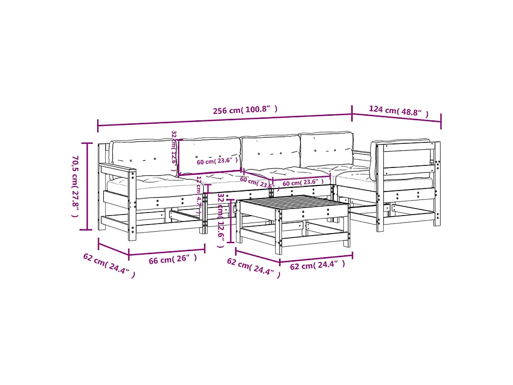 Set Divani da Giardino 6pz con Cuscini in Legno Massello Bianco