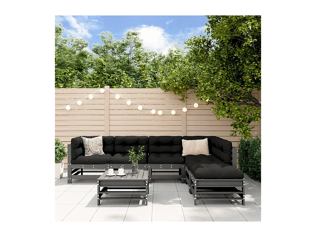 7-tlg. Garten-Lounge-Set mit Kissen Grau Massivholz