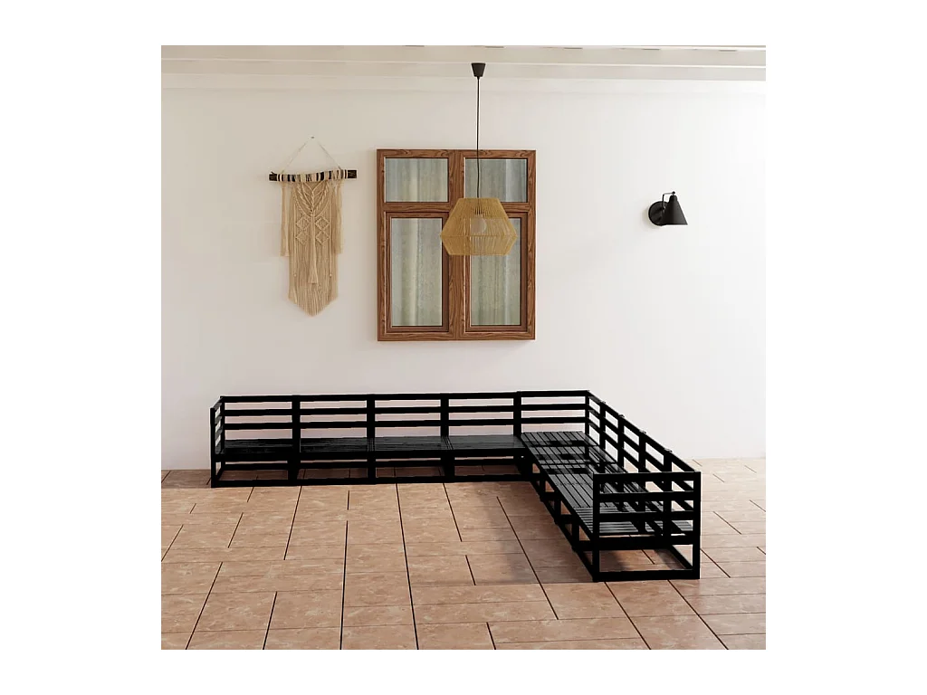 Set Divani da Giardino 9 pz Nero in Legno Massello di Pino
