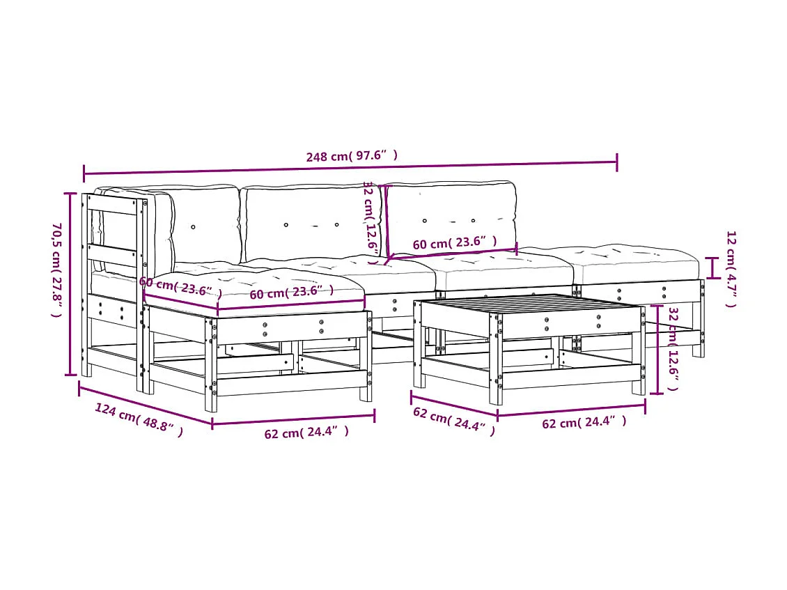 Salon de jardin 6 pcs avec coussins bois massif