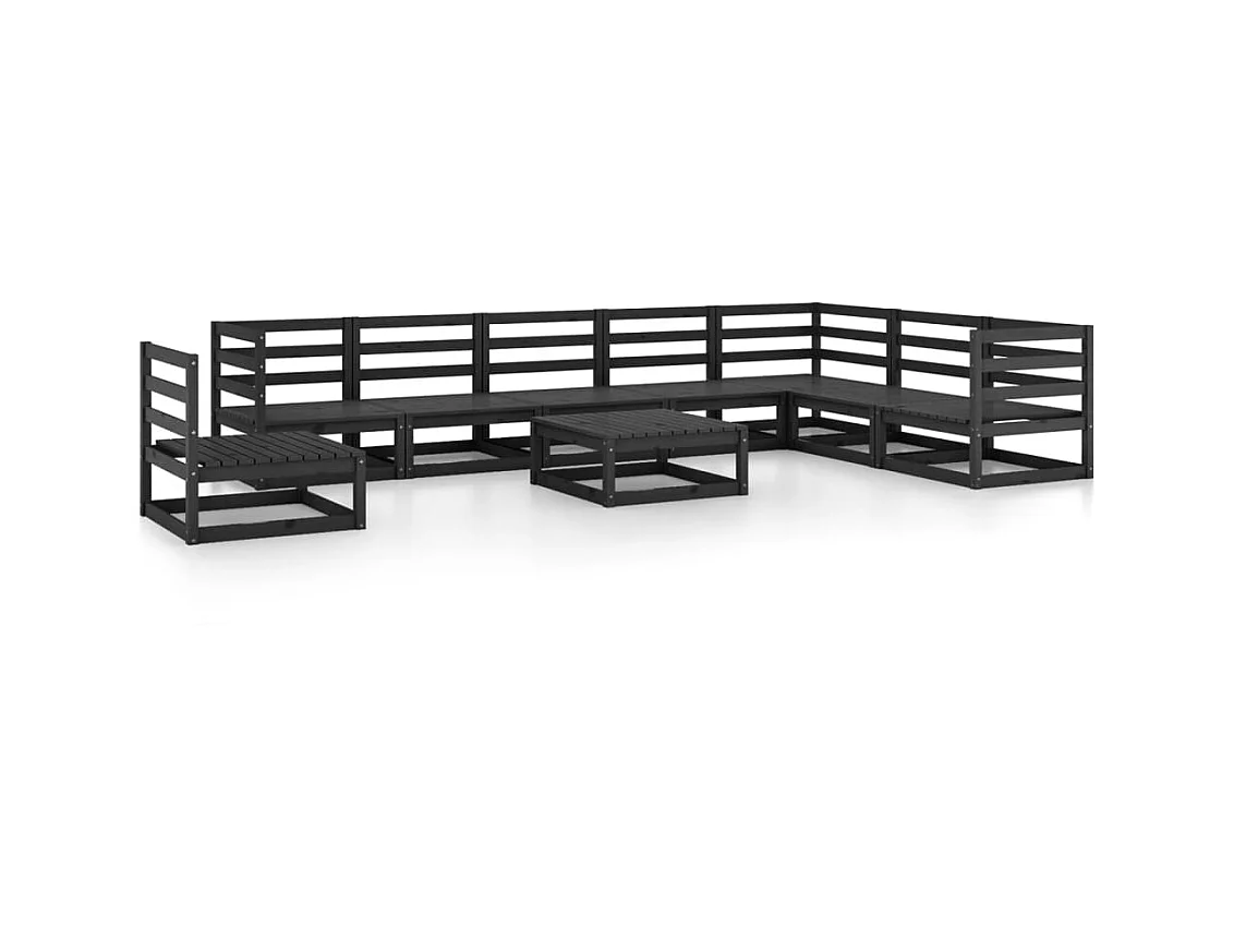 Set Divani da Giardino 9 pz Nero in Legno Massello di Pino