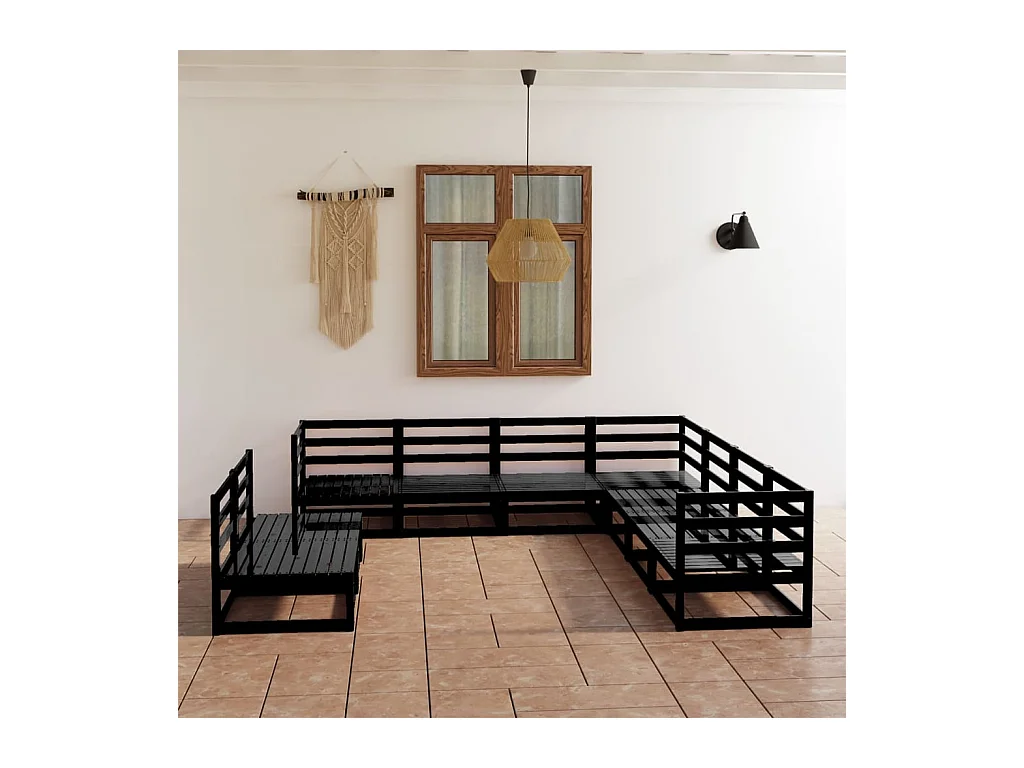 Set Divani da Giardino 9 pz Nero in Legno Massello di Pino