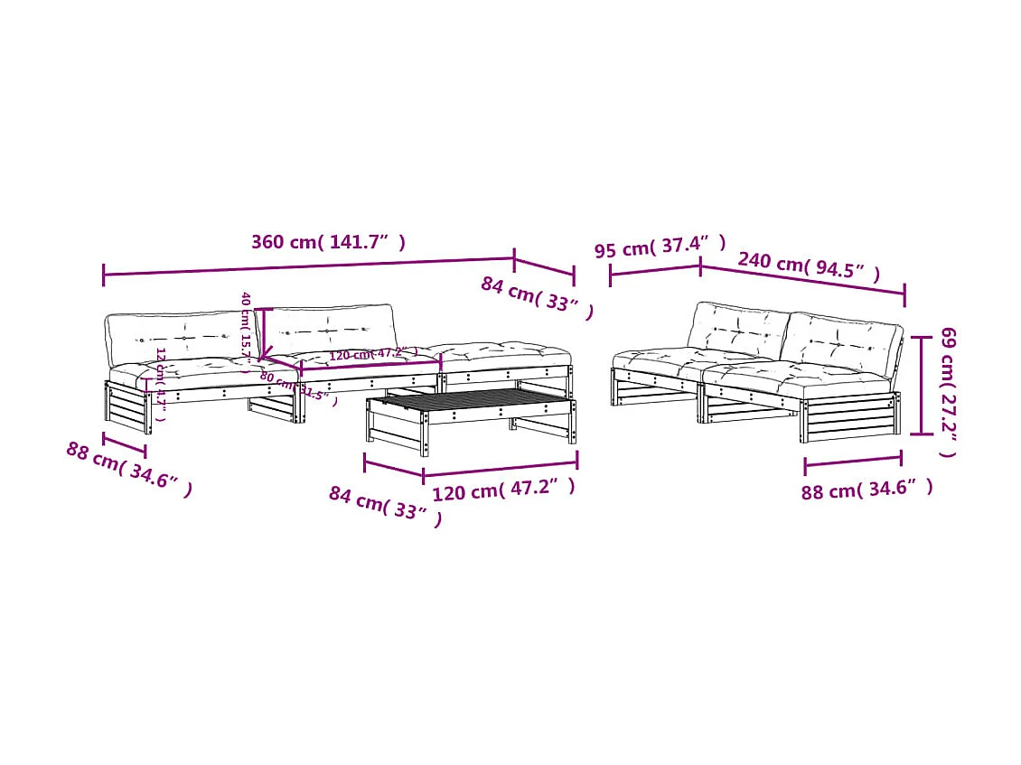 Set Divani da Giardino 6pz con Cuscini Legno Impregnato di Pino
