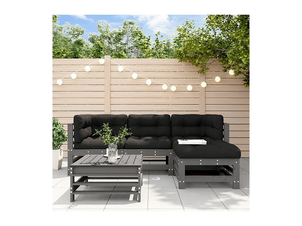 Set Divani da Giardino 5pz con Cuscini in Legno Massello Grigio