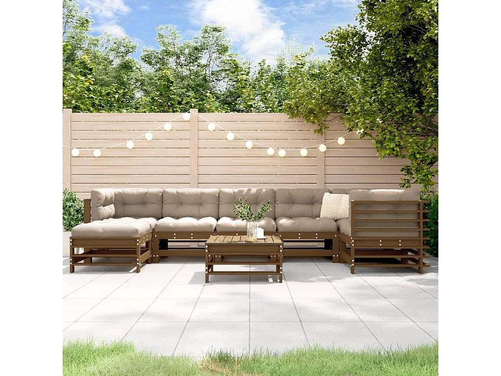 Salon de jardin 8 pcs avec coussins marron miel bois massif