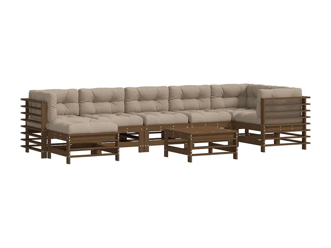 Salon de jardin 8 pcs avec coussins marron miel bois massif